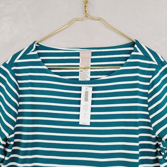 NEW Chico's Women's Striped Teal and White Tie-Front Top P3561 - Picture 3 of 9